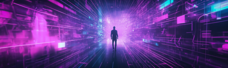 A futuristic scene with a man standing in a neon-lit corridor, surrounded by glowing digital elements and geometric patterns, capturing the essence of a digital landscape.