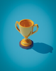 A gold trophy in a modern isometric 3D style, placed on a blue background, representing accomplishment and prestige in a vibrant yet minimalist design.