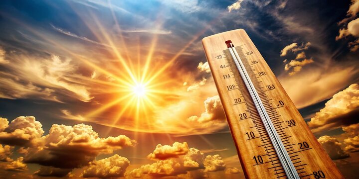 Scorching hot thermometer reads 108 degrees Fahrenheit, equivalent to 42 degrees Celsius, against a blurred sunny