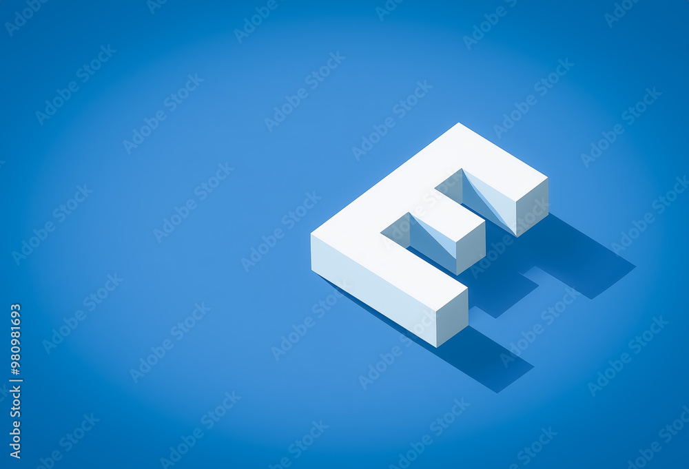 Poster isometric 3d letter e in white with soft shadows on a blue background, offering a futuristic and min