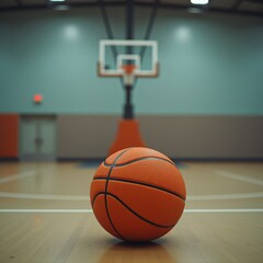 A basketball ball is lying in empty gym on a gray background, no people, sport lifestyle, school gym