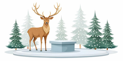 Flat Vector Illustration of Snowy Tree and Standing Reindeer Podium with Copy Space for Winter Promotions and Holiday Events