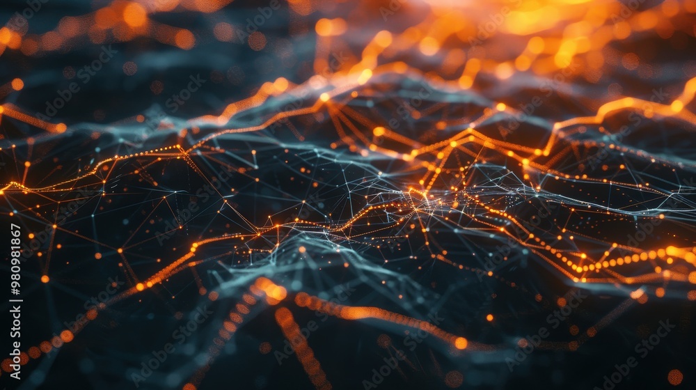 Poster this abstract technology background features a network of glowing nodes and connections on a dark ba