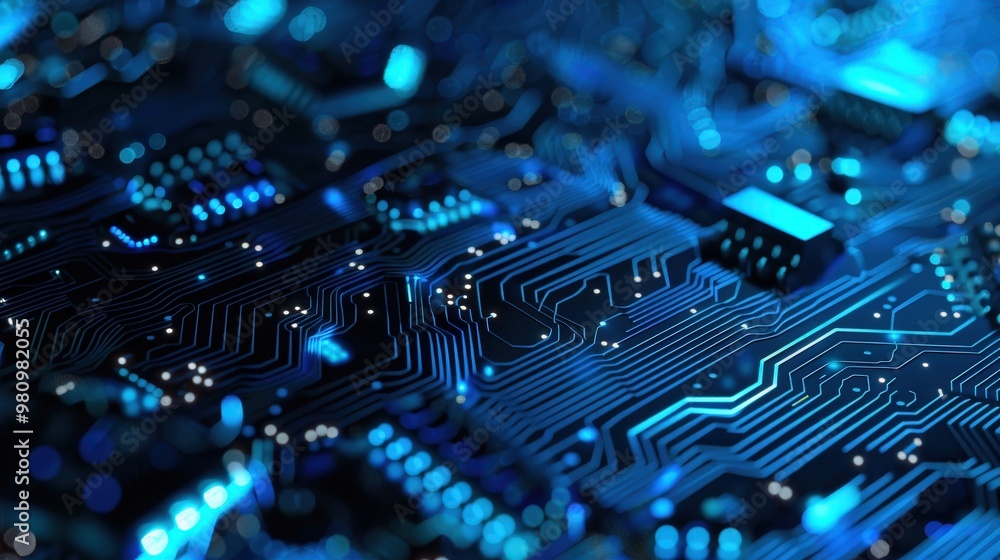 Poster this abstract technology background features an intricate network of illuminated circuit paths and d