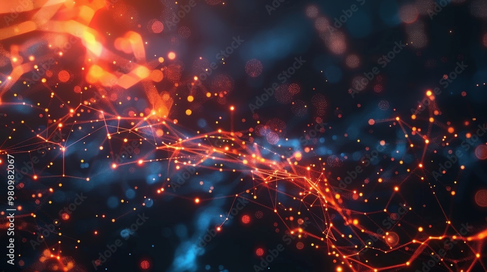 Poster this abstract technology background features a network of glowing nodes and connections on a dark ba
