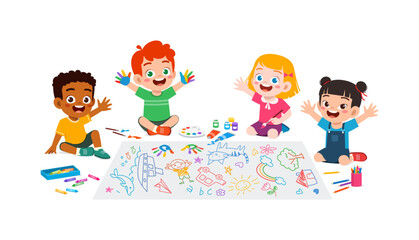 little kid and friend drawing on big paper with paint and feel happy