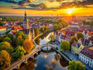 Obraz premium Serene aerial view of winding canals, ornate bridges, and historic buildings surrounded by lush greenery in a