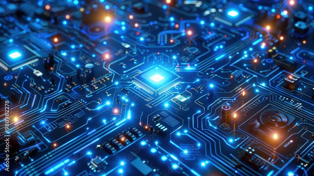 Poster this abstract technology background features an intricate network of illuminated circuit paths and d