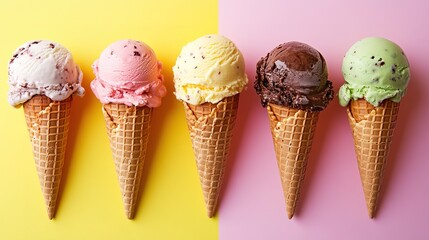 Five ice cream cones on bi-colored background