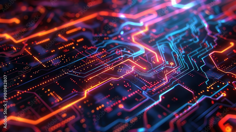 Poster this abstract technology background showcases a blend of geometric shapes and glowing circuit patter