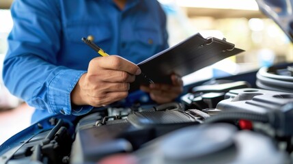 Mechanic Checking Engine with Clipboard and Pen