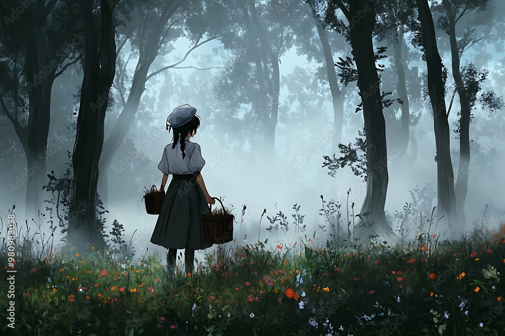 Poster A Young Woman Walks Through a Foggy Forest with Baskets of Flowers.