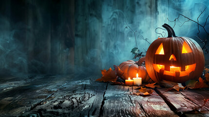 Halloween pumpkins and candles on wooden background, halloween concept