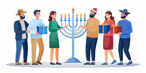 Fototapeta premium Flat Vector Illustration of Friends Joyfully Exchanging Hanukkah Gifts at a Festive Party - Candid Moment Capturing Genuine Celebration and Surprise