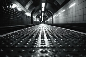 A monochrome image depicting an underground subway tunnel with a focus on the metal-textured floor leading to a well-lit passage ahead