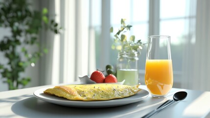 Omelette and fresh juice, minimalist breakfast table, 3D illustration