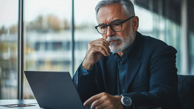 A senior businessman with thoughtful expression is focused on his laptop, reflecting moment of contemplation in modern office setting - Powered by Adobe