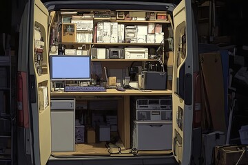 Inside the Van A Messy and Organized Workspace on Wheels.