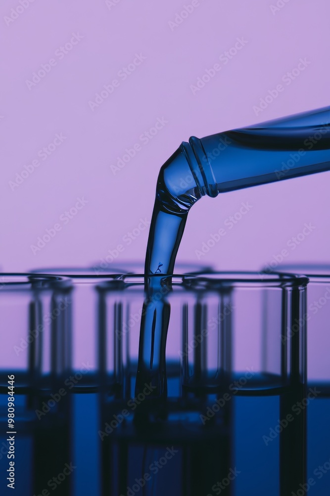 Poster lab glassware with blue liquid water samples in test tubes and a pipette introducing a sample to tes