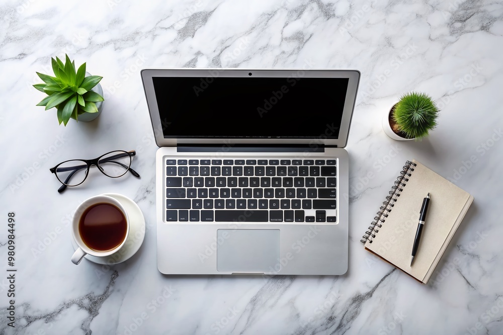 Poster modern sleek workplace setup featuring a laptop computer and keyboard on a white marble table, with 