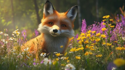Fox in a meadow, surrounded by wildflowers, 3D illustration