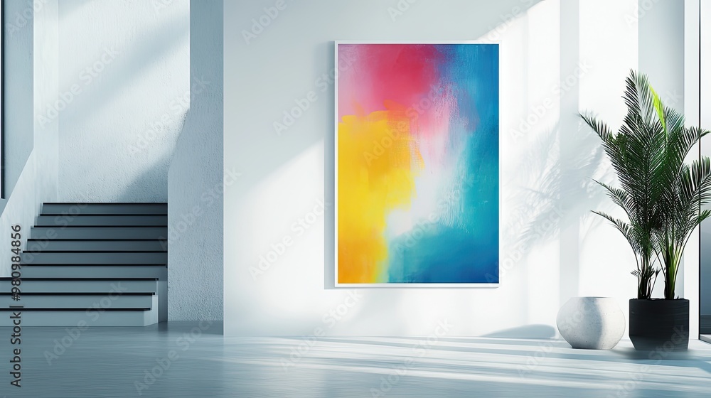 Poster a colorful abstract painting hangs in a minimalist setting
