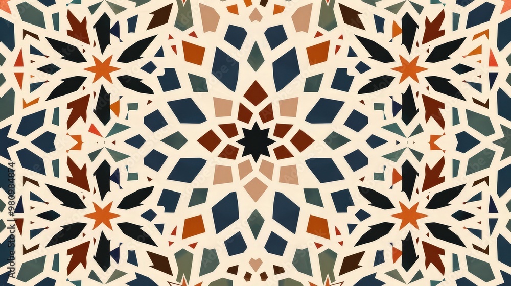 Poster this arabic pattern features a combination of repeating tessellated shapes and flowing curves.