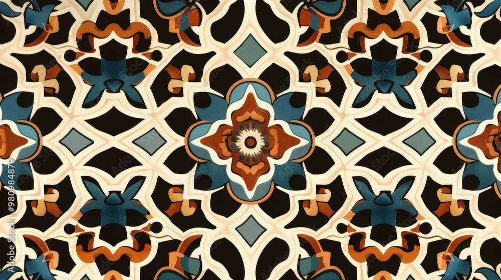 Poster this arabic pattern features a combination of repeating tessellated shapes and flowing curves.