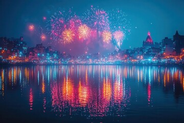 Fototapeta premium spectacular fireworks display reflected in tranquil lake during diwali celebration vibrant bursts of color illuminate night sky and create magical atmosphere