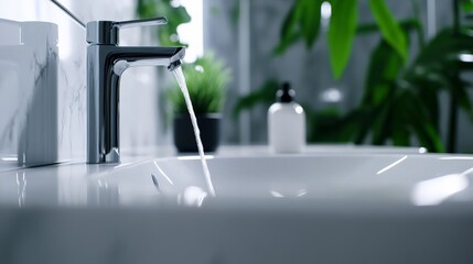 Modern bathroom sink with running water, shiny faucet, and blurred background, featuring green plants for a fresh, clean aesthetic.