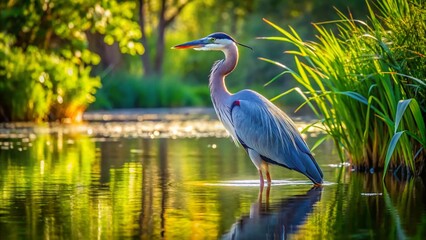 Naklejka premium Serene wetland scene featuring a majestic blue heron standing still, its slate-gray feathers glistening in the soft