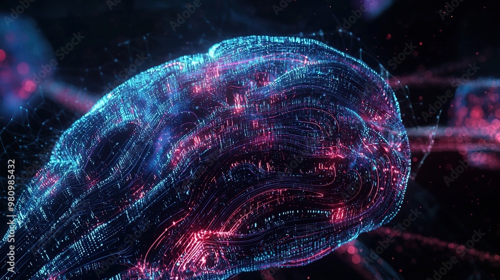 Poster abstract digital background with glowing lines and particles.