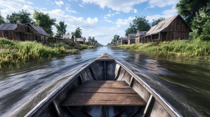 Fototapeta premium Serene Boat Ride Through Charming Canal Houses, Explore the Beauty of a New City with this Picturesque Waterway