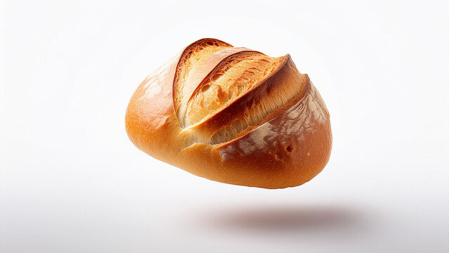 P&atilde;o de de trigo, frances, cacetinho,  quentinho flutuando em fundo branco isolado. Padaria, caf&eacute; da manh&atilde;. Panifica&ccedil;&atilde;o, padeiro.