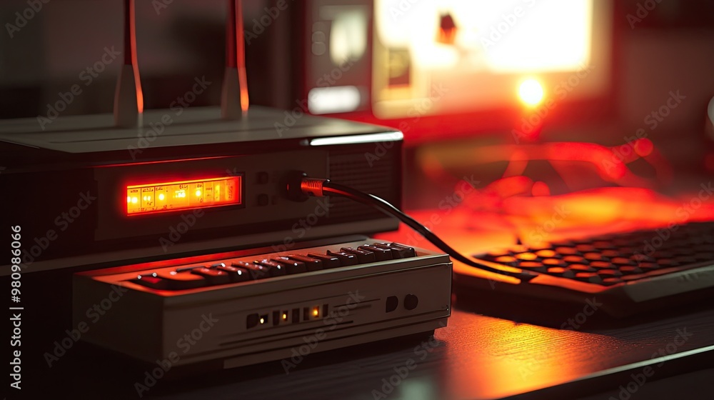 Poster a dial-up modem with a blinking light, connected to a computer