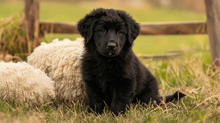 Fototapeta premium Diligent Black Anatolian Shepherd Puppy Guarding Sheep Under Natural Light