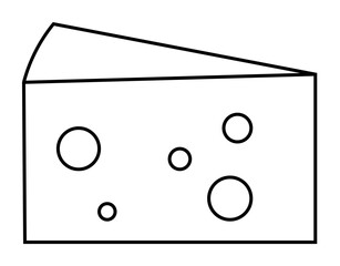 Black and white line drawing of a cheese wedge with multiple circular holes, suggesting a typical slice of Swiss cheese. Ideal for Food-related projects. Minimalist art collections. Restaurant menus