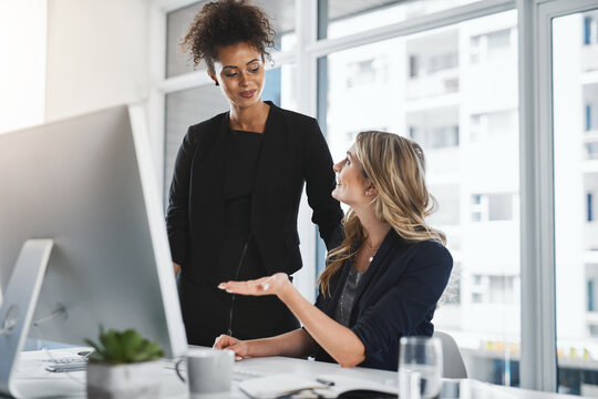 People, smile and computer in office for discussion, advice and planning schedule on internet. Woman, intern and technology in workplace for feedback, new information and company development in city