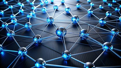 Six silver nodes interconnected by glowing blue lines, forming a complex network pattern, symbolizing communication,