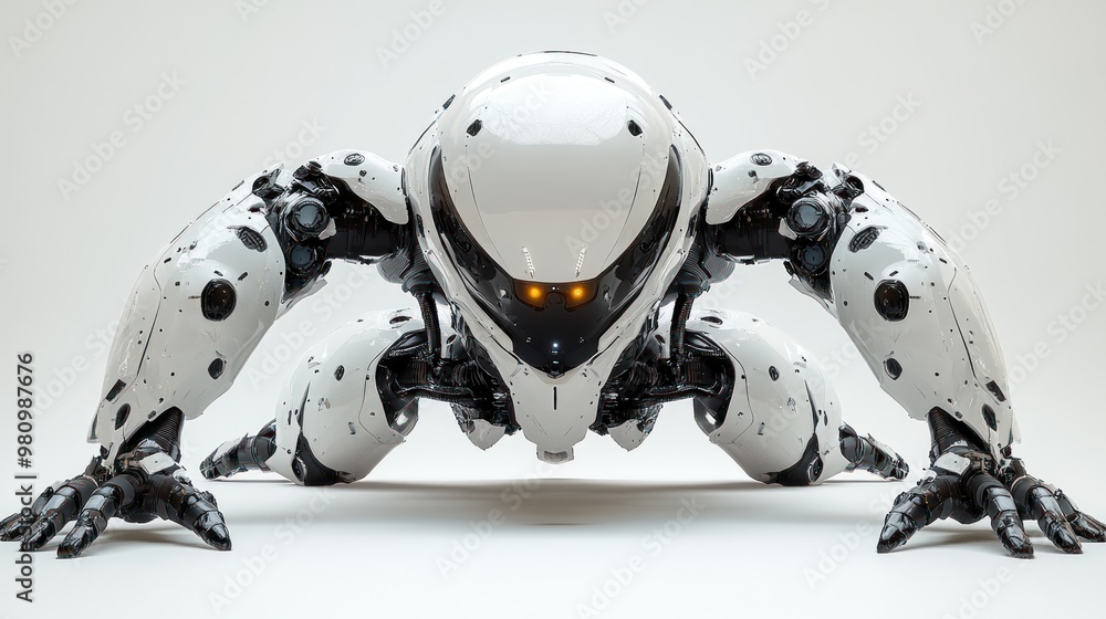 Poster futuristic robotic figure in a crouching position.