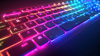 A keyboard with glowing keys, illuminated by a neon light