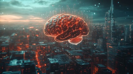 Abstract brain hovering over futuristic cityscape, digital network, 3D illustration