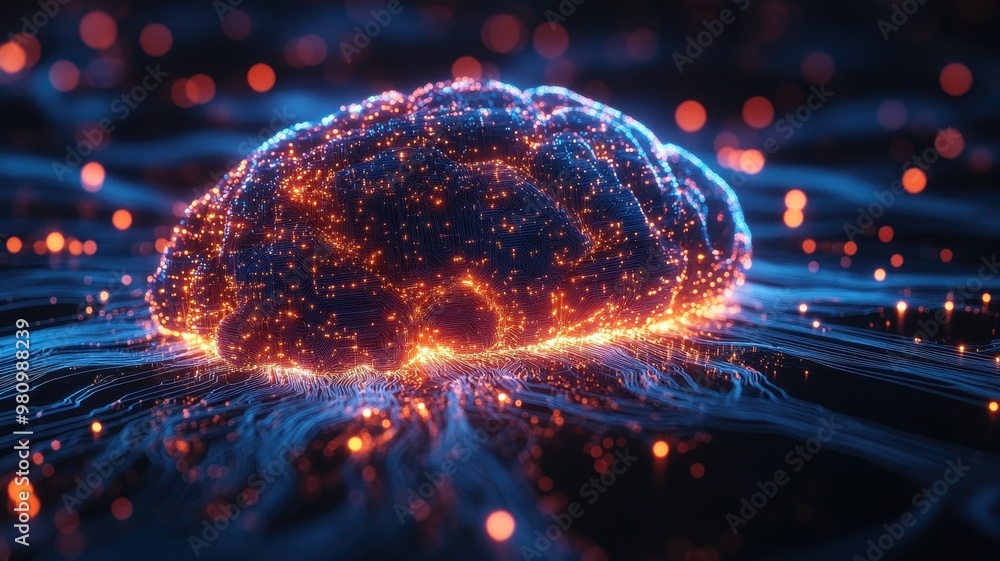 Poster digital brain with circuitry and bokeh lights