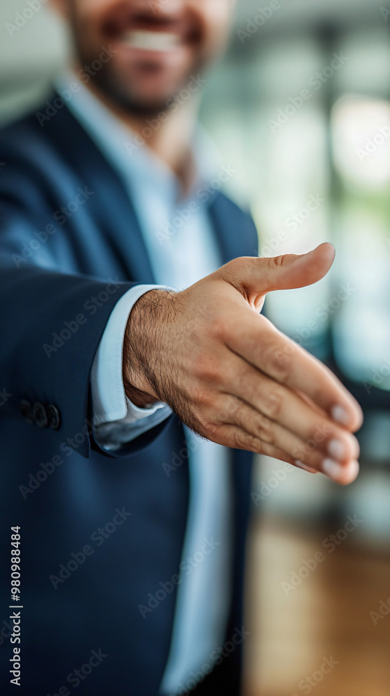 Poster man in a navy suit is offering a handshake with a friendly smile