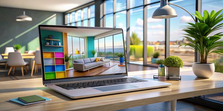 Sleek, modern laptop screen displays a futuristic 3D interior design software, with vibrant colors and sleek lines,
