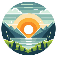 Fototapeta premium Minimalist geometric landscape illustration, green and orange, sunrise in mountains round wall art