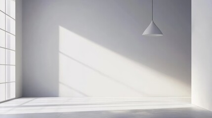 Minimalist pendant light, white room with clean lines, 3D illustration