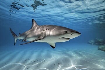 Fototapeta premium A large gray shark swimming in clear blue water