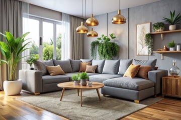 Sleek grey sectional sofa anchors modern living room design, paired with natural textiles, greenery, and warm metallic
