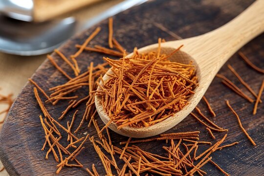 Saffron spice in a wooden spoon close-up